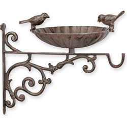 A CAST IRON WALL MOUNT BIRD BATH WITH HOOK
