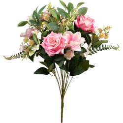 Louis Maes Kunstbloemen boeket rozen/magnolia met bladgroen - roze - H50 cm - Bloemstuk - Kunstbloemen