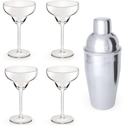 4x Cocktailglazen / Margarita glazen transparant 300 ml + Cocktailshaker semi-matte 550 ml RVS - Cocktailglazen