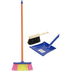 Speelgoed schoonmaak set stoffer en blik blauw met gekleurde bezem - Stoffer en blik