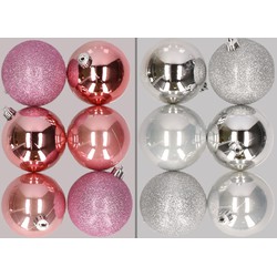 12x stuks kunststof kerstballen mix van roze en zilver 8 cm - Kerstbal