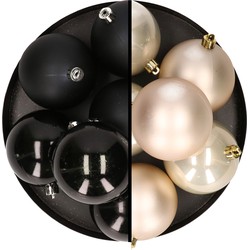 12x stuks kunststof kerstballen 8 cm mix van zwart en champagne - Kerstbal