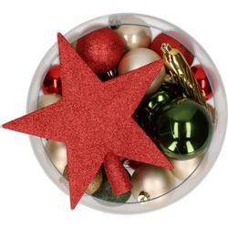Set 33x stuks kunststof kerstballen met ster piek rood/champagne/groen - Kerstbal