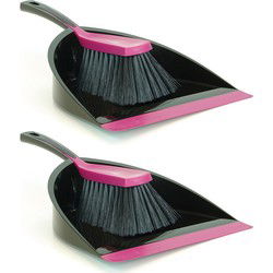 Sorbo Stoffer en blik zwart/roze - 2x - kunststof handveger met blik - Stoffer en blik