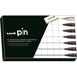 Uni-ball Uni-ball Uni Pin Fineliner Startersset Set 6 stuks met Vulpotlood en Gum