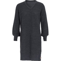 Knit Factory Robin Dames Jurk - Gebreide Trui Jurk - V-hals - Antraciet - 36/38 - Knielengte