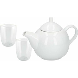 Witte theepot keramiek van 1 liter met 2x stuks dubbelwandige theeglazen van 300 ml - Koffie- en theeglazen