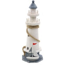 Maritiem decoratie beeld - Vuurtoren - Hout - 28 cm - wit/blauw - Beeldjes