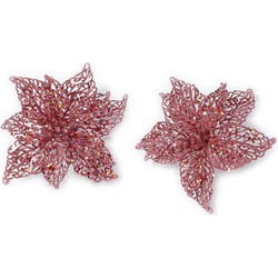 2x stuks decoratie kerststerren bloemen roze glitter op clip 18 cm - Kersthangers