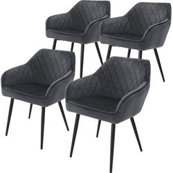 Eetkamerstoel set van 4 diamant quilting antraciet fluwelen bekleding met metalen poten incl. montagemateriaal ML-Design