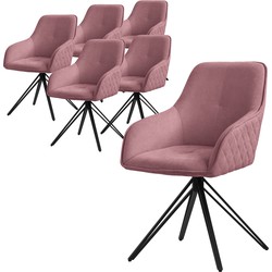 Draaibare eetkamerstoel set van 6 oudroze textiel geweven stoffen keukenstoel met rugleuning en armleuningen ML design