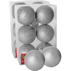 12x stuks kerstballen zilver glitters kunststof 8 cm - Kerstbal
