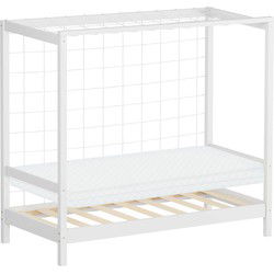 Kinderbed voetbaldoel 70x140 cm wit gemaakt van dennenhout incl. matras H-10cm houten bed met lattenbodem & doelnet ML-Design