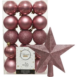 30x stuks kunststof kerstballen 6 cm inclusief ster piek oudroze - Kerstbal