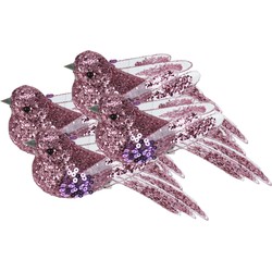 4x stuks kunststof decoratie vogels op clip roze met pailletten 15 cm - Kersthangers