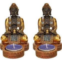 2x stuks indische boeddha theelichthouders goud/zwart 12 cm - Beeldjes