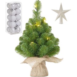 Kunst kerstboom met 10 LED lampjes 45 cm inclusief witte versiering 21-delig - Kunstkerstboom