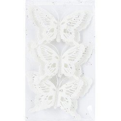 3x stuks decoratie vlinders op clip glitter wit 14 cm - Kersthangers