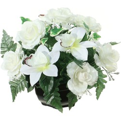 Louis Maes Kunstbloemen plantje in pot - kleuren creme/wit - 25 cm - Bloemstuk ornament - orchidee/rozen met bladgroen - Kunstbloemen