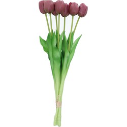 DK Design Kunst tulpen boeket - 7x stuks - aubergine paars - real touch - 43 cm - Kunstbloemen