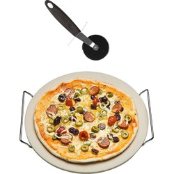 Keramische pizzasteen rond 33 cm met handvaten en pizza snijder 19 cm - Pizzaplaten