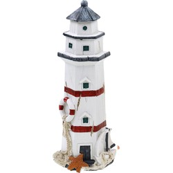 Vuurtoren beeldje - Polystone - 10 x 23 cm - wit/rood - Maritieme decoraties binnen/buiten - Beeldjes