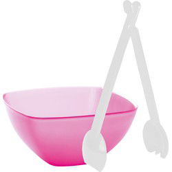 Serveerschaal/slakom - fuchsia roze - kunststof - 22,5 cm - met sla bestek/couvert - Serveerschalen