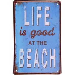 Clayre & Eef Wanddecoratie  20x30 cm Blauw Wit Metaal Life is good at the beach Muurdecoratie