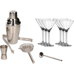 Cocktailshaker set RVS 5-delig inclusief 6x luxe cocktail/martini glazen 260 ml - Cocktailshakers