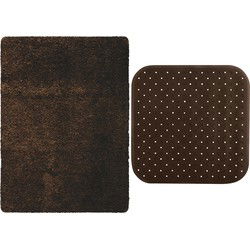 MSV Douche anti-slip mat en droogloop mat - Venice badkamer set - rubber/microvezel - bruin - Badmatjes