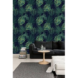 Vliesbehang Tropisch blad groen zwart  122x122 cm