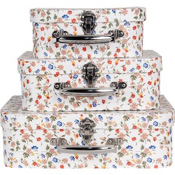 Clayre & Eef Decoratie Koffer Set van 3 30x22x9/25x20x9/20x17x8 cm Wit Karton Rechthoek Bloem