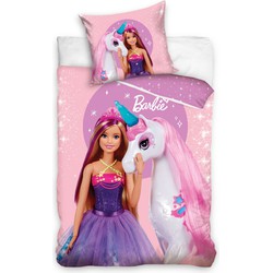 Barbie Dekbedovertrek - Eenpersoons - 140x200 cm - Kussensloop 60x70 cm - Katoen - Unicorn - Roze
