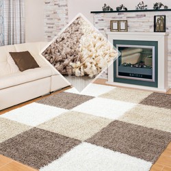 Basic Shaggy Geblokt vloerkleed Bruin / Beige Hoogpolig  - 80x150CM- 80x150 CM