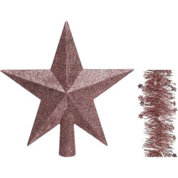Kerstversiering kunststof glitter ster piek 19 cm en sterren slingers pakket oud roze van 3x stuks - kerstboompieken