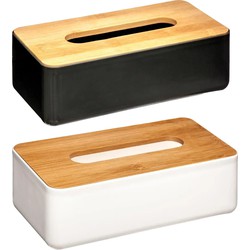 Set van 2x stuks tissuedozen/tissueboxen kunststof met bamboe deksel wit en zwart - Tissuehouders