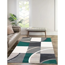 Flycarpets Palermo Vloerkleed Groen / Grijs Geblokt Motief - Laagpolig - Woonkamer - 120x170 cm