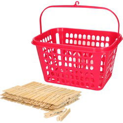 Wasknijpers ophangmandje met haak - fuchsia roze - gevuld met 120x houten wasknijpers 7 cm - was ophangen - knijperszakken