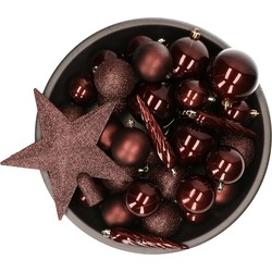 Set van 33x stuks kunststof kerstballen met ster piek mahonie bruin mix - Kerstbal