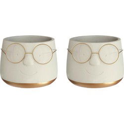 Ideas4seasons Bloempot/plantenpot bril - 2x - wit/goud - voor kamerplant - D14 x H11 cm - Plantenpotten