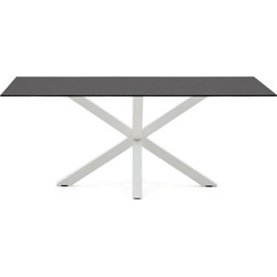 Kave Home - Argo tafel in matzwart glas en stalen poten met witte afwerking 200 x 100 cm