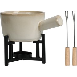 Excellent Houseware Kaasfondue setje met houder - porselein - beige/zwart - incl. 2 vorken - Fonduebranders