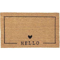 Clayre & Eef Deurmat  75x45 cm Bruin Zwart Kokosvezel Pvc Rechthoek Hart Hello Kokosmat