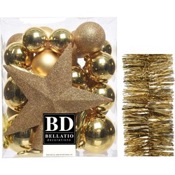 Kerstversiering kerstballen 5-6-8 cm met ster piek en folieslingers pakket goud van 35x stuks - Kerstbal