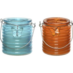 Citronella kaars - in windlicht - 2x - blauw en oranje - 20 branduren - citrusgeur - geurkaarsen