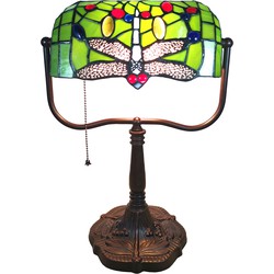 LumiLamp Tiffany Tafellamp  25x25x42 cm  Groen Rood Polyresin Glas Libelle Tiffany Bureaulamp