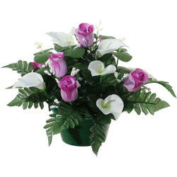 Louis Maes Kunstbloemen plantje in pot - wit/paars - 26 cm - Bloemstuk ornament - rozen met bladgroen - Kunstbloemen