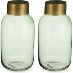 Bloemenvazen 2x stuks - luxe decoratie glas - groen/goud - 12 x 24 cm - Vazen