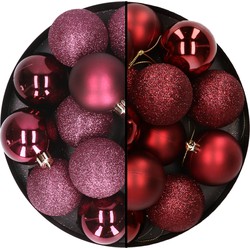 24x stuks kunststof kerstballen mix van aubergine en donkerrood 6 cm - Kerstbal