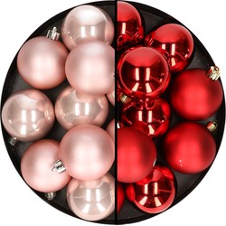 24x stuks kunststof kerstballen mix van lichtroze en rood 6 cm - Kerstbal